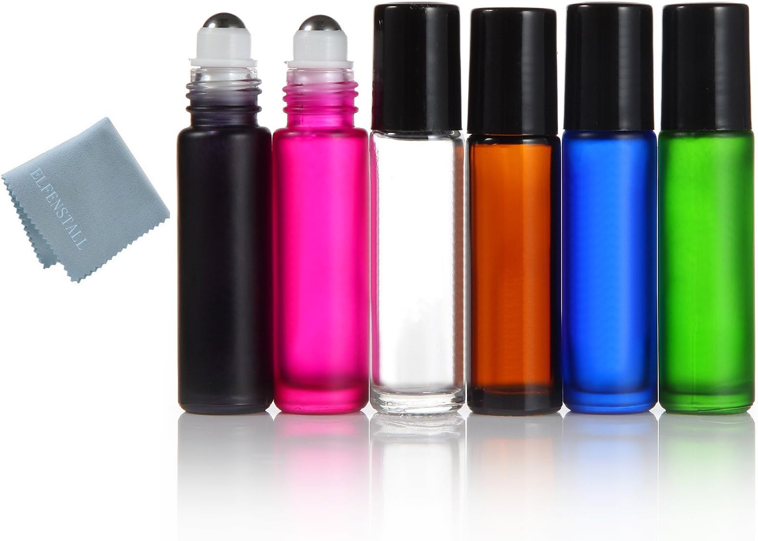 Simple_e- 24pcs 10ml (1/3oz) Roll on Thick Glass Bottle Colorful Stainless Steel Roller Ball Essential Oils Perfume Bottle Glass Clean Cloth Pb142