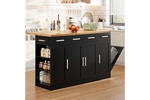 Dripex 53'' Rolling Kitchen Island with Power Outlet, Drop Leaf & Trash Can Storage, Large Island Cart on Wheels with Rubberwood Top, 4 Drawers, Open Shelves, for Kitchen, Dining Room (Black)