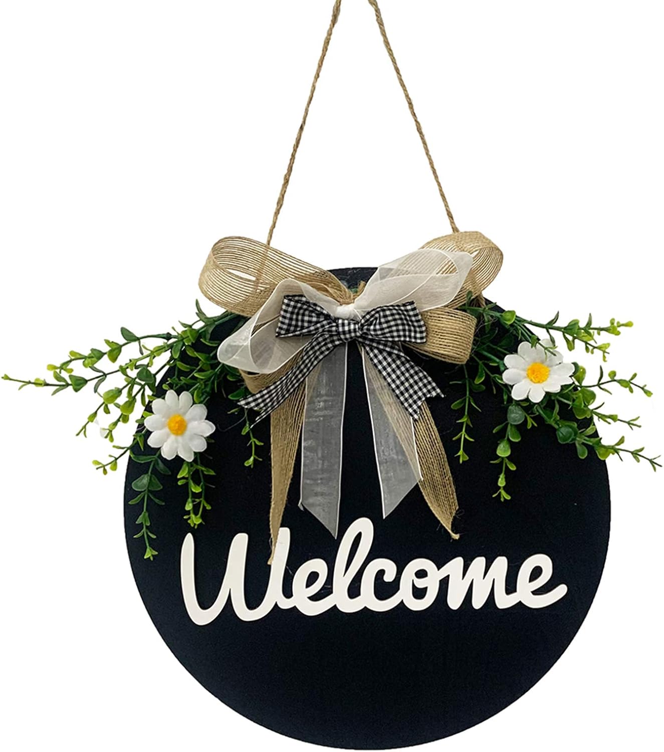 Welcome Sign Porch Decor, Round Wood Welcome Door Sign Hanging Welcome Wreath Sign Front Door Wall Decor for Daily Coffee Shop, Farmhouse, Restaurant, Home, Outdoor