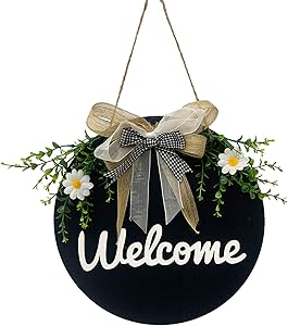 Welcome Sign Porch Decor, Round Wood Welcome Door Sign Hanging Welcome Wreath Sign Front Door Wall Decor for Daily Coffee Shop, Farmhouse, Restaurant, Home, Outdoor