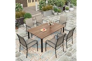 HERA'S HOUSE Outdoor Patio Dining Set, Metal Table with Umbrella Hole, 6 Textilene Dining Chairs with Armrest, All Weather Patio Table and Chairs for Pool Lawn Garden Porch