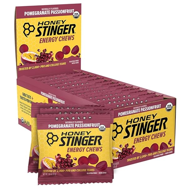 HONEY STINGER ORGANIC POMEGRANATE PASSIONFRUIT ENERGY CHEW, GLUTEN FREE & CAFFEINE FREE, FOR EXERCISE, RUNNING AND PERFORMANCE, SPORTS NUTRITION FOR HOME & GYM, PRE AND MID WORKOUT, 12 PACK