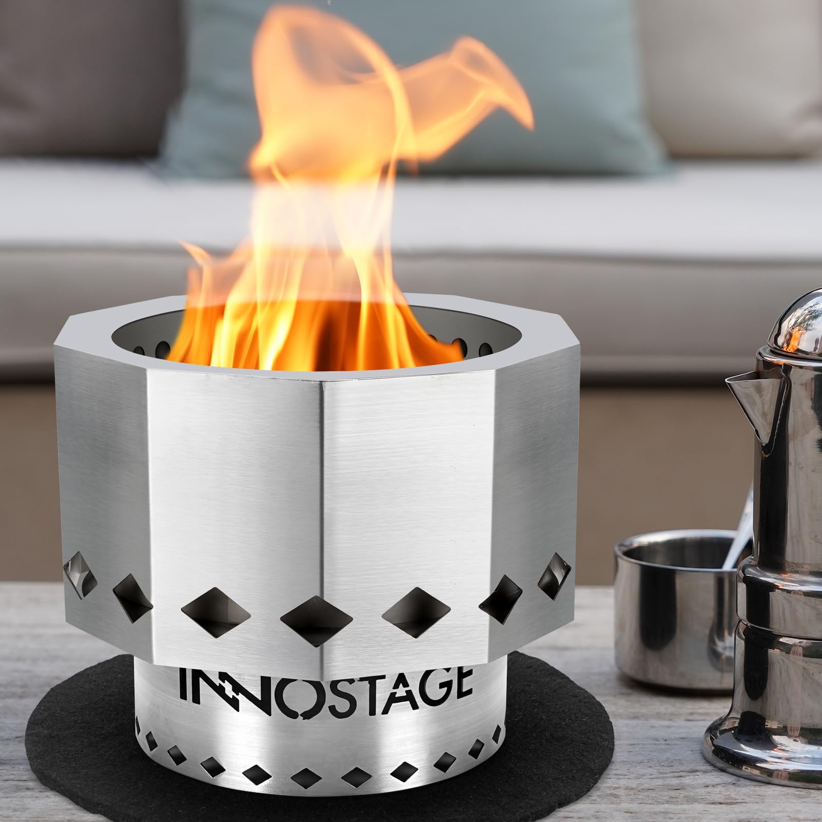 Photo 1 of INNO STAGE Tabletop Firepit - Portable Fire Pit Low Smoke for Wood or Pellets, Small Firepit with Travel Bag Removable Ash Tray and Fireproof Mat for Camping or Beach Bonfire 8"X6.4" Stainless Steel