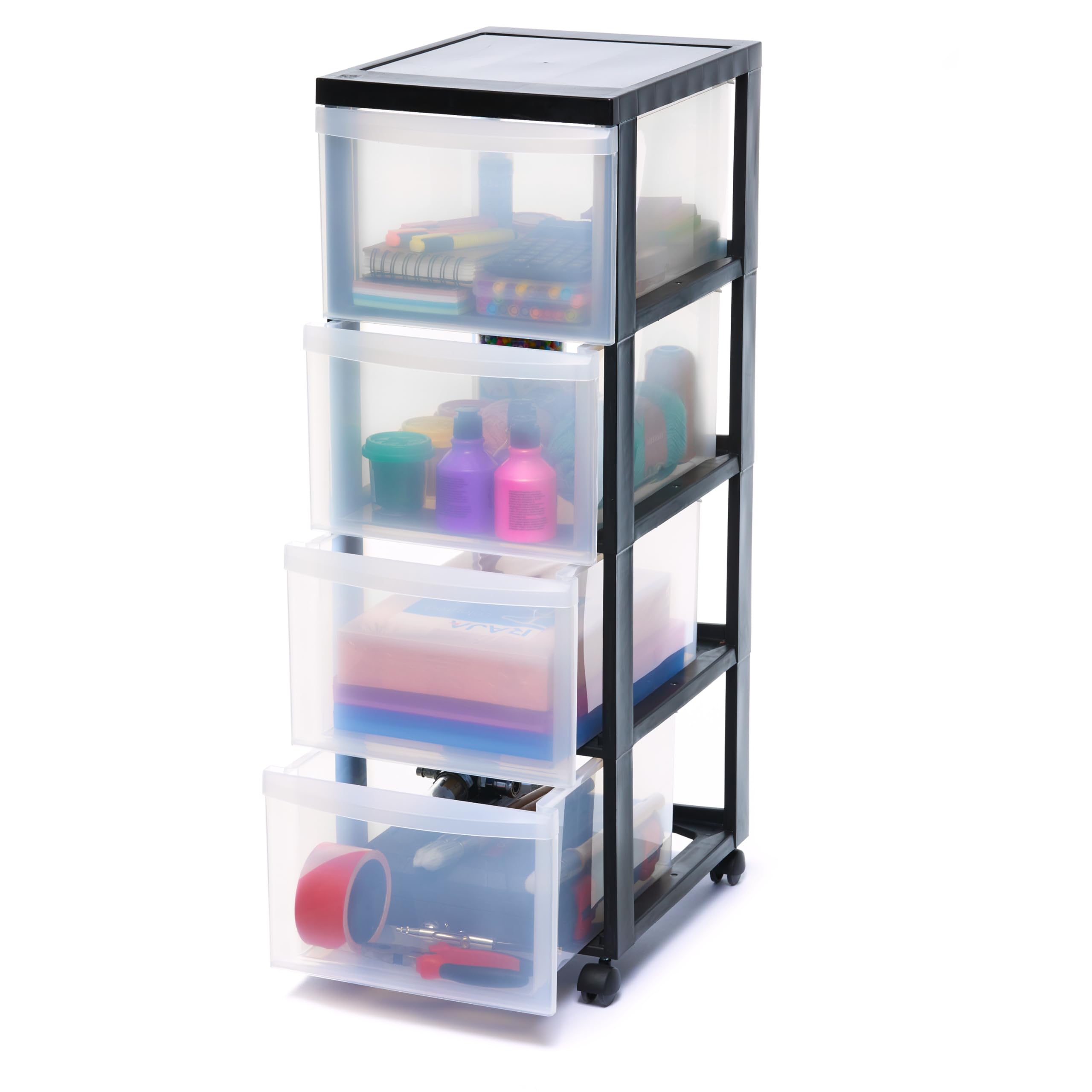 Iris Ohyama, Plastic Drawers Storage Unit, Plastic Storage Drawers, A4 Format & 4 Wheels, H81cm/4 Drawers, BPA Free, Black, W40 x D29 x H81cm, DC-304