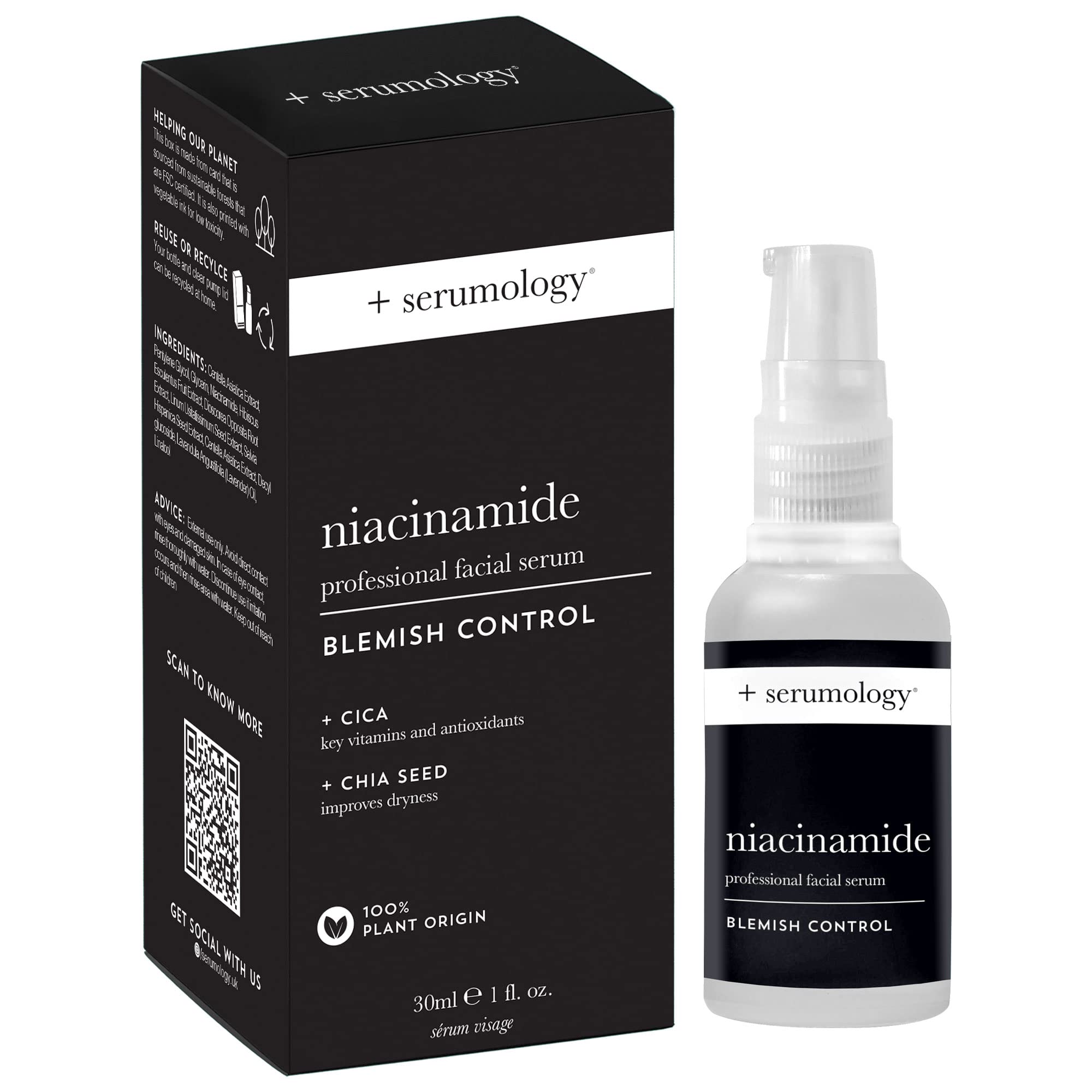 SERUMOLOGY NIACINAMIDE Professional Facial Serum 30ml, 100% Plant Based Natural Skincare Blemish Control Serum with Cica