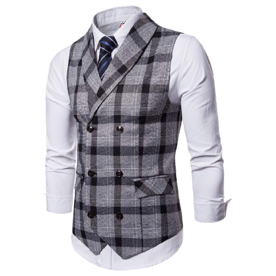 Sayah Mens Plus-Size Britain Casual Plaid Pattern Double-Breasted Suit Vest