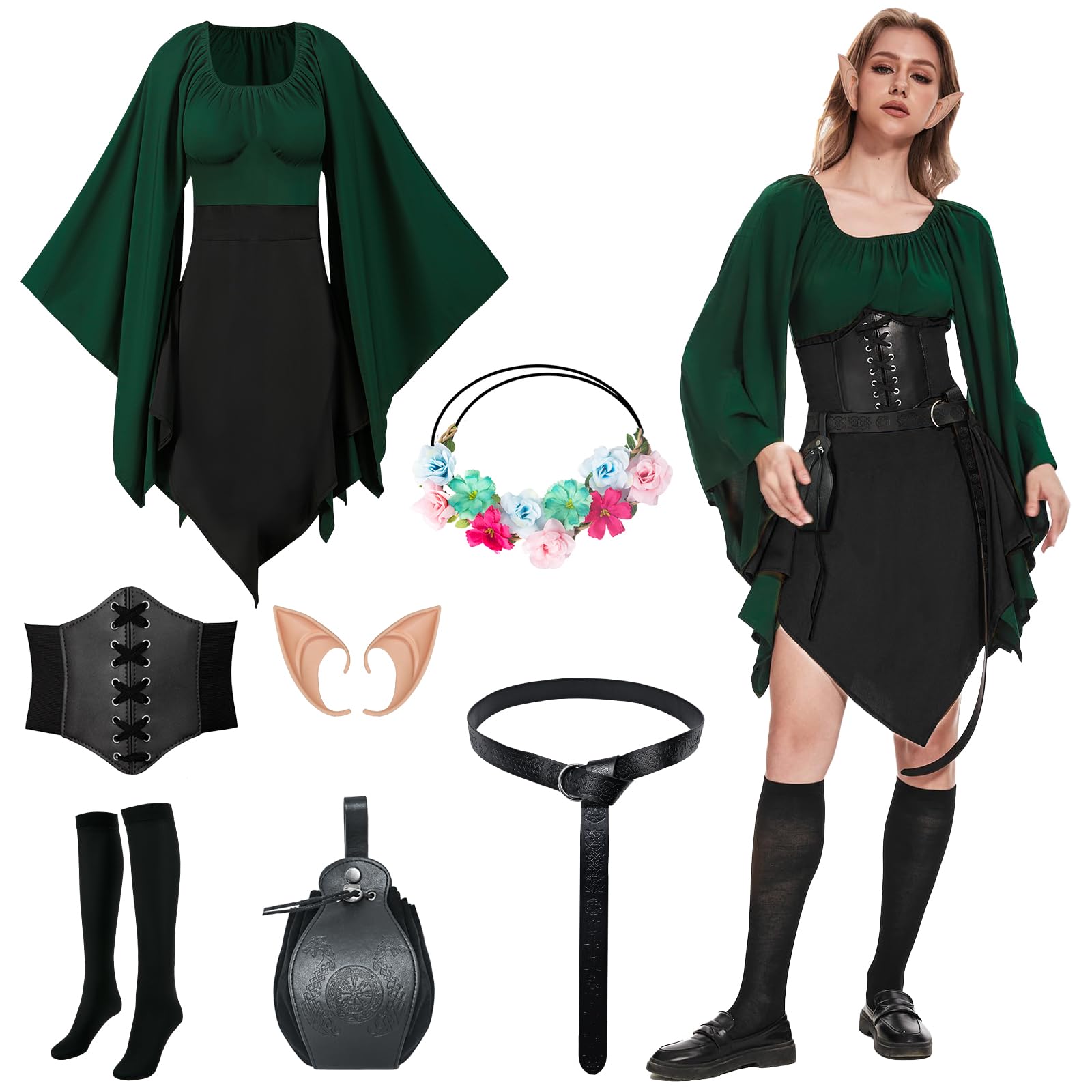 PORJDN Medieval Clothing Women's Traditional Irish Dress Goth Dress Renaissance Elf Costume with Elf Ears, Hair Accessories, Overknee Socks for Halloween Costume Cosplay (Black, S)