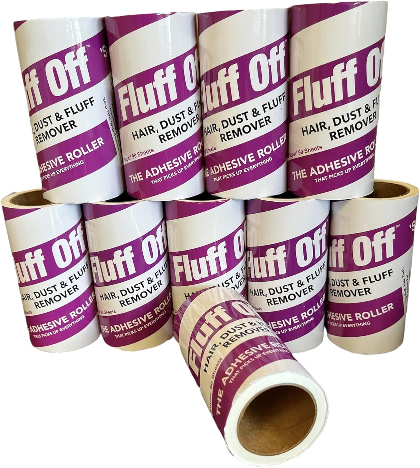 Fluff Off Super Lint Roller Refills, 10 x 90 Sheet Rolls. Totalling 900 Sheets of Extra Sticky Lint Roller Refills for Clothes, Pet Hair and Furniture, Will fit most lint roller handles