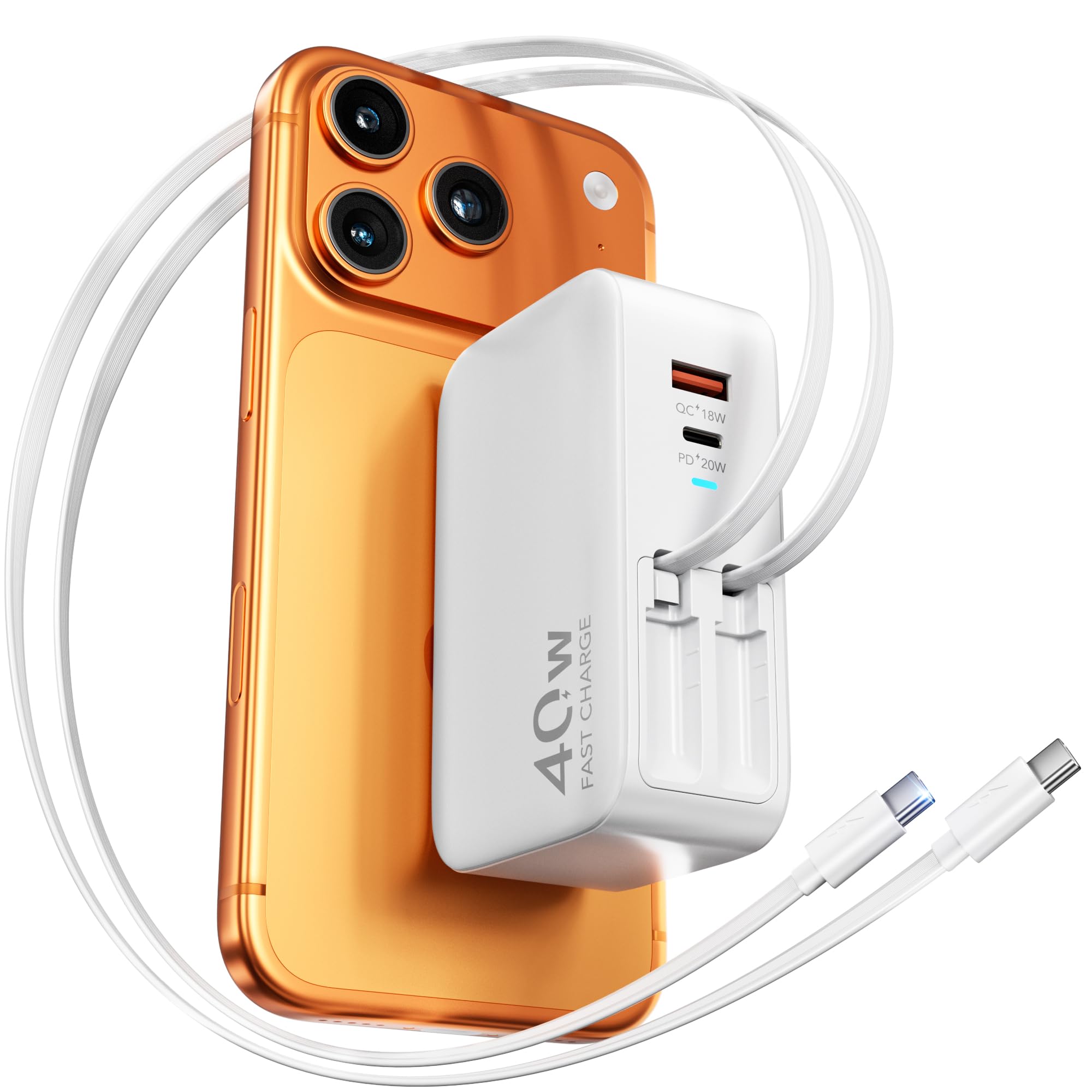 4-in-1 GaN Charger Block for iPhone 17,Travel Essentials 40W Max Fast Charging Block Retractable Cable for 2 Type-C,Retractable Phone Charger Plug for iPhone 17 Pro Max/16/15,iPad,Galaxy S25,Pixel 10