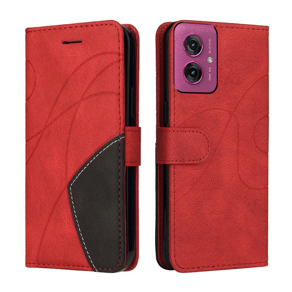 XINNI Protective Phone Case for Motorola Moto G55, PU/TPU Vintage Flip Leather Shockproof Cover Magnetic Book Style Wallet, Red