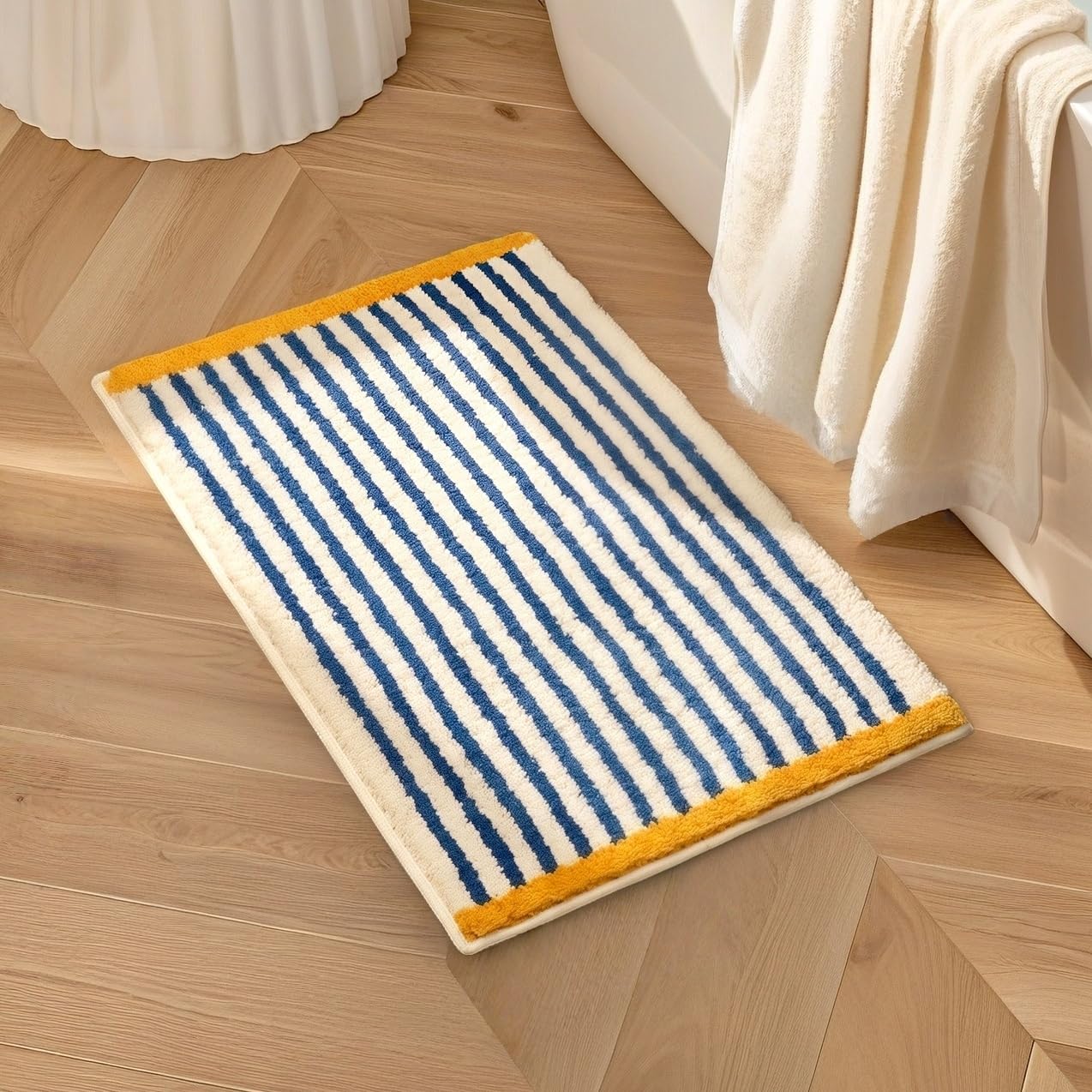 Photo 1 of GIB Blue and White Striped Bathroom Rug Mat 24" x 16", Yellow Accent, Extra Soft Absorbent Non-Slip Washable Plush Fluffy Shaggy Microfiber Bath Mat, Aesthetic Runner Rug for Bedroom