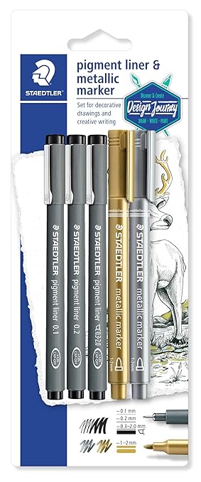 Staedtler creative set (3 Fineliner pigment liner schwarz, 2 metallic marker, Johanna Basford) 308 SBK3P3