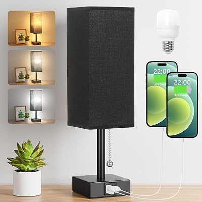 Aooshine Bedside Lamp USB C+A Ports 3 Color Modes Pull Chain Black Shade