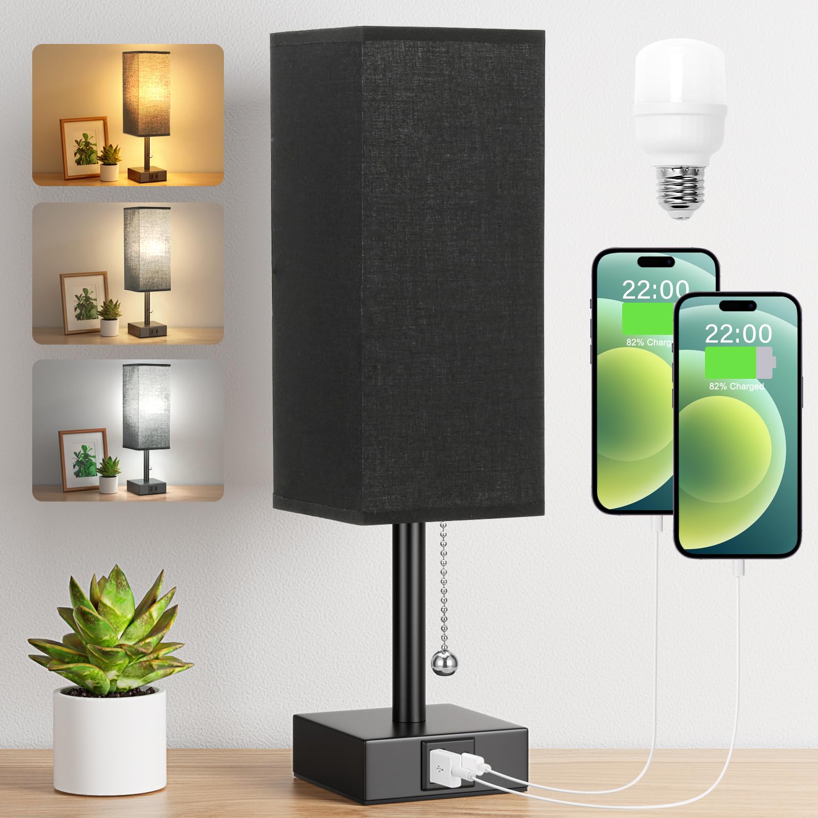 Aooshine Bedside Lamp, Table Lamp for Bedroom, Lamp with USB C+A Charging Ports, Small Bedroom Lamp with 3-Color Modes with Pull Chain, Bedroom Lamp with Black Fabric Shade(LED Bulb Included) — image 1