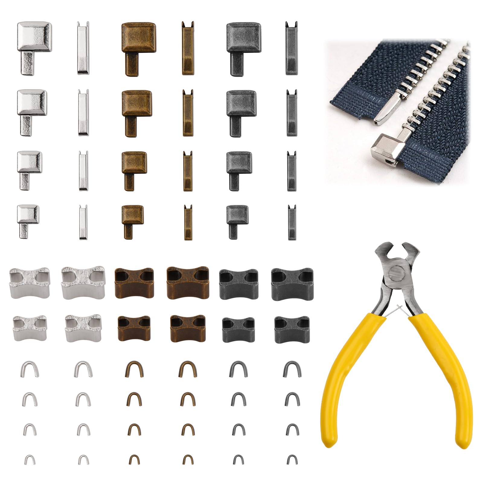 Anseom 60 Pieces Zipper Stopper Repair Kit，Top Stop Bottom Stop Zipper with Zipper Install Pliers Tool Metal Zipper Head Slider Retainer Insertion Pin for Sewing Clothing Crafts（Silver Black Bronze）