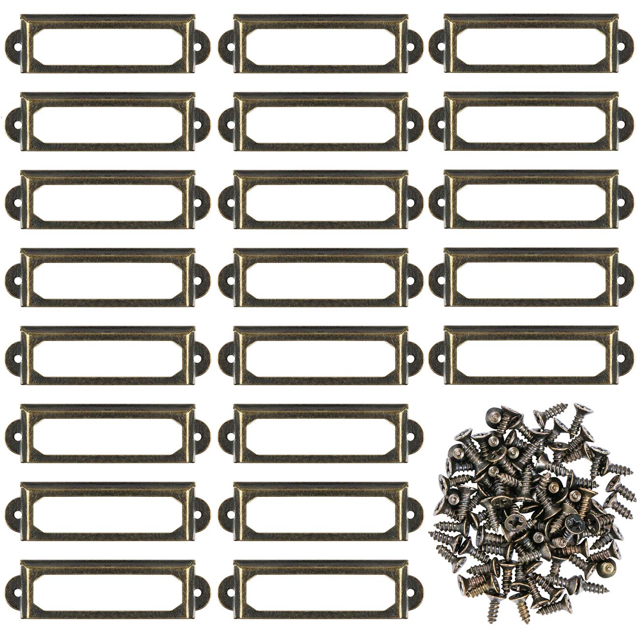 Kyrio 50Pcs Metal Label Holders Furniture Drawer Cabinet Card Holder Tag Name Plate Label Frames with Screws for Office Library Bookshelf Shelves Bronze (S-2.36 X 0.67" / 59 X17mm)