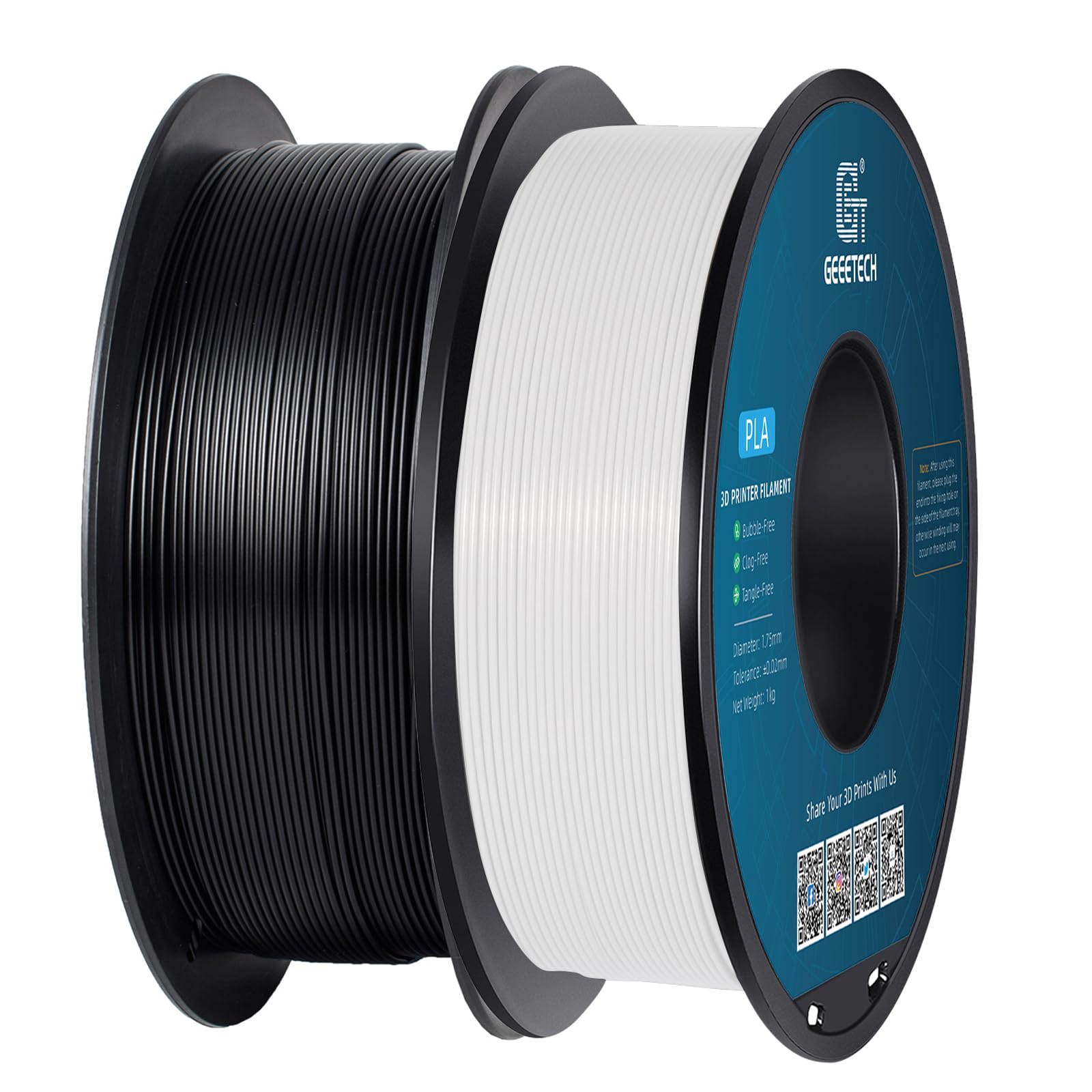 PLA Filament 1.75mm, GEEETECH New 3D Printing Filament PLA for 3D Printer and 3D Pen, 1 kg per Spool, 2 Spools, White & Black