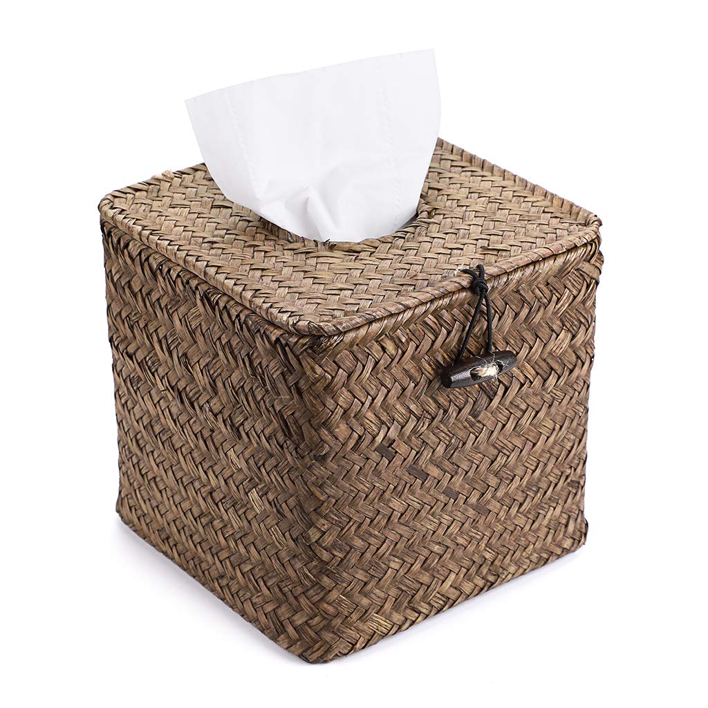 Photo 1 of Sumnacon Tissue Box Cover Square Seagrass Tissue Box with Lid, Woven Tissue Box Holder Rustic Cube Tissue Cover for Bathroom Toilet Bedroom Living Room Kitchen Table Desk Office Car, Coffee