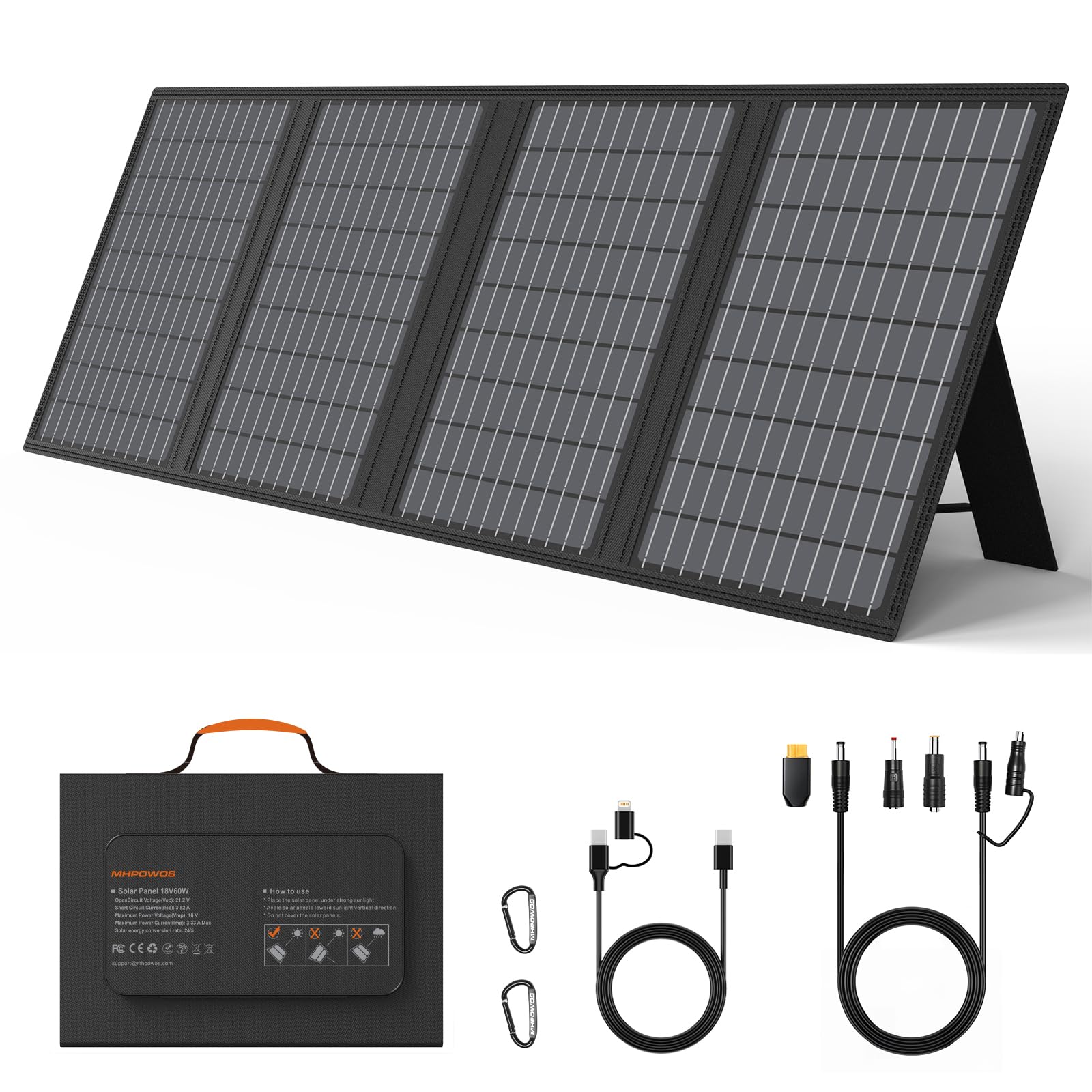 MHPOWOS 60W Tragbares Solarladegerät mit Ständer, Faltbares Solarpanel mit USB-C, USB-A und DC-Ausgängen, für Camping, Wandern, Notstromversorgung für Kleine Stromgeneratoren, Telefone, Powerbanks