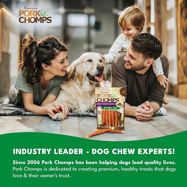 PORK CHOMPS BAKED PORK SKIN DOG CHEWS, 5 INCH MINI TWISTS, 12 COUNT – SWEET POTATO WRAP – LONG-LASTING TREATS FOR DOGS – HIGH PROTEIN, RAWHIDE-FREE, LOW FAT, HEALTHY & DELICIOUS CHEWS