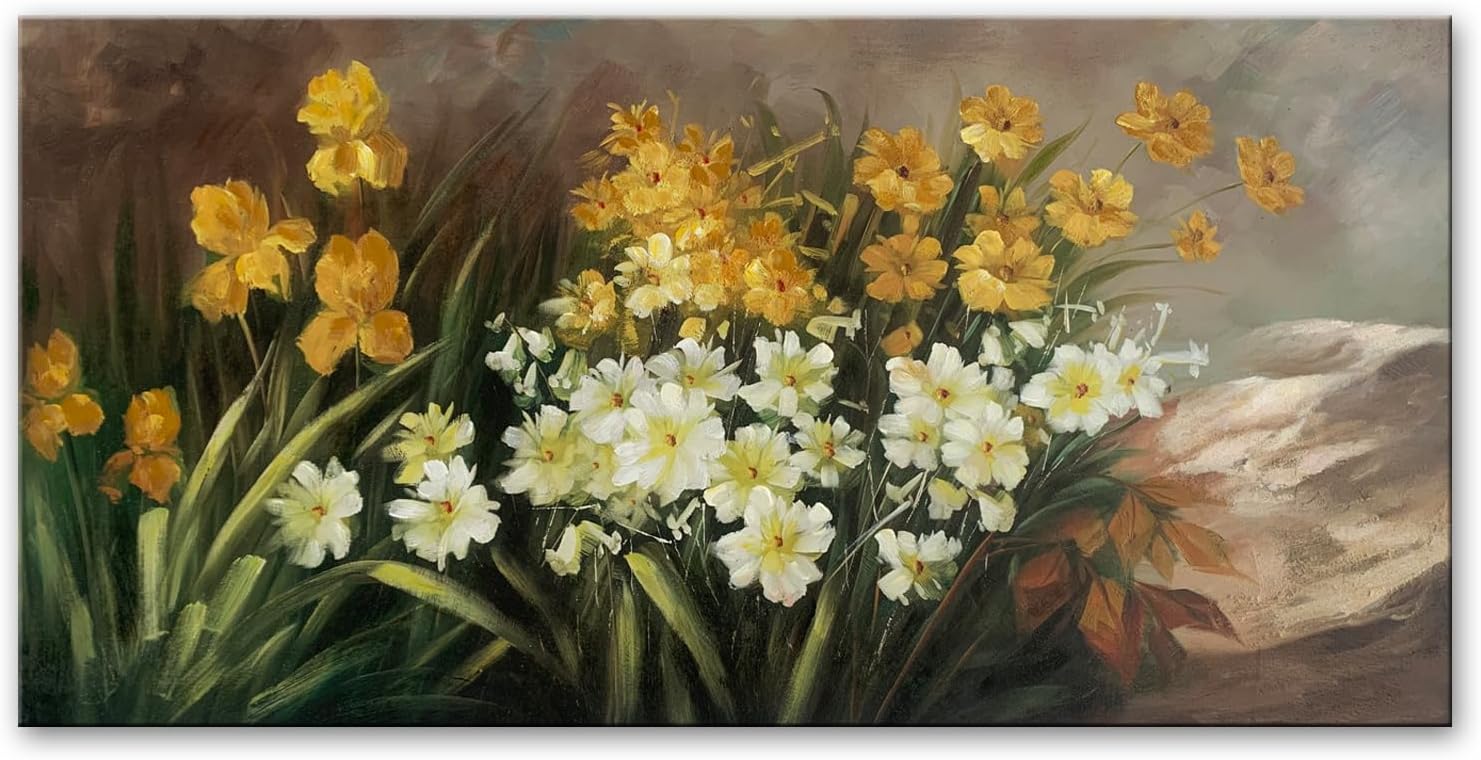 Paintings - Flowers Wall Art Canvas Colorful 3D Textured Summer Picture Landscape Wildflowers Oil Painting White Yellow Floral Large Framed for Living Room Bedroom Home Decor