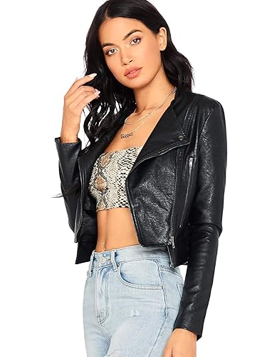 SheIn Women's Zipper Front Casual PU Leather Cropped Jacket Long