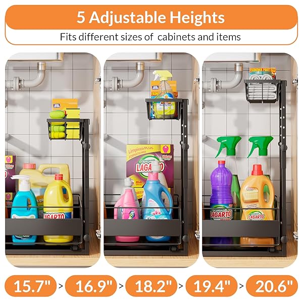 LAYZZI-WAYT EXPANDABLE UNDER SINK ORGANIZER WITH 5-LEVEL HEIGHT ADJUSTMENT,2 TIER UNDER SINK ORGANIZER PULL-OUT UNDER SINK DRAWERS CABINET ORGANIZER FOR KITCHEN & BATHROOM STORAGE,BLACK,LARGE