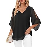 Bebonnie Womens Ruffle 3/4 Sleeve V Neck Double Layers Chiffon Blouses Dressy Tops