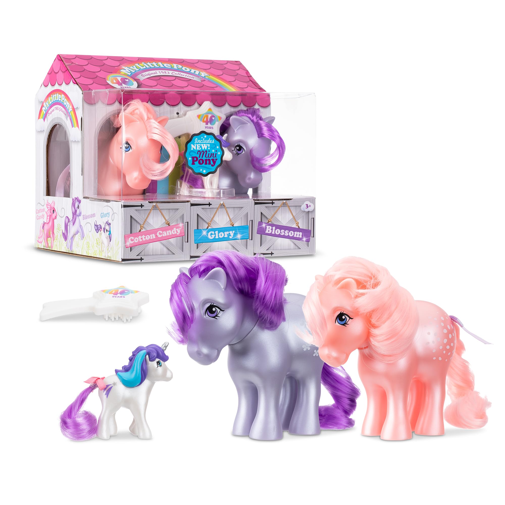 Basic Fun My Little Pony | 40th Anniversary Collector Pack - Pearlized Blossom, Cotton Candy & Mini Glory |Toy Gift Set, Retro Horse Toys for Girls and Boys, Ages 4 35339