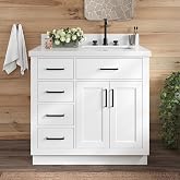 ARIEL Hepburn 36-inch Bathroom Vanity with Sink,Solid Wood, 1.5-inch Pure White Quartz Countertop &amp; Backsplash, Single Rectangular Porcelain Sink, 2 Soft Closing Doors, 5 Dovetail Drawers, White