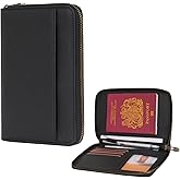 WASON Leather Zipper Travel Passport Wallet Holder RFID Blocking Cover, Passport case Pocket Slot for Card, Cash, ID, Boarding Pass and Ticket for Men, Women and Family Trips (Black)