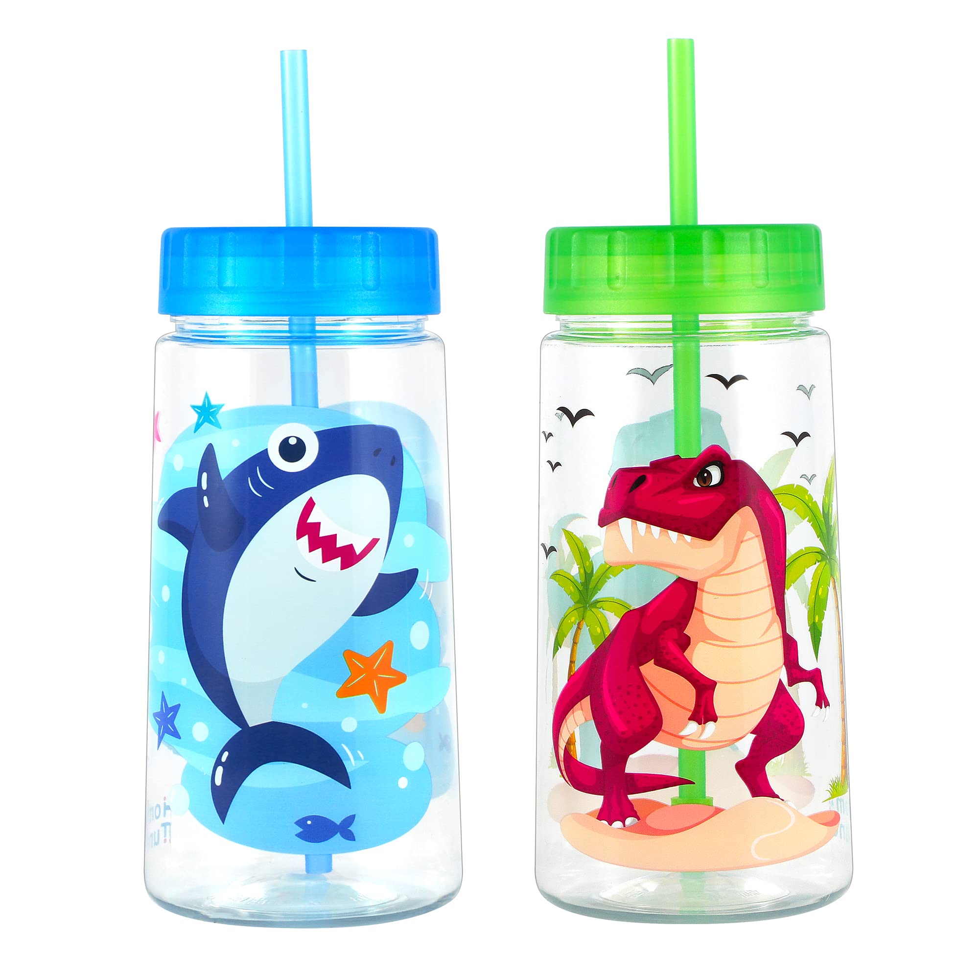 Home Tune 28oz Water Drinking Bottle - BPA Free, Wide Mouth, Travel Beverage Cup with Straw Lid, Lightweight, Water Bottle with Cute Foil Print Design For Girls & Boys - Shark & Dinosaur 2 Pack