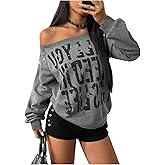 SOLY HUX Women's Letter Graphic Off the Shoulder Sweatshirt Y2k Gothic Rivet Long Sleeve Pullover Tops Streetwear