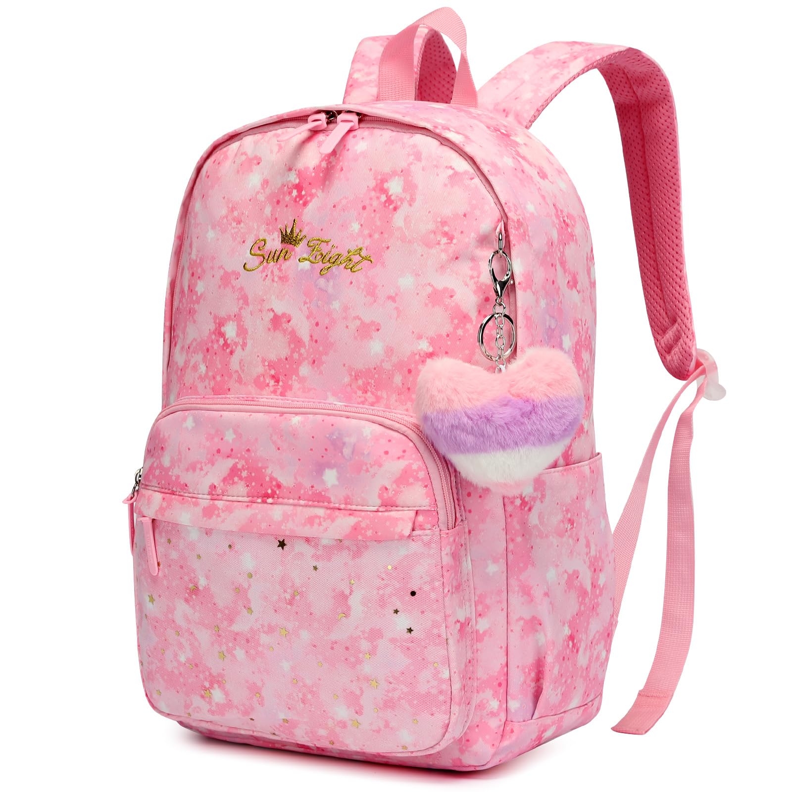Photo 1 of Caran·Y Waterproof Girls School Backpack for Kids 6-18 | Lightweight Durable Book Bag with Cute Love & Starry Sky Design Spacious Elementary Backpack+Charm Pendant(Pink)