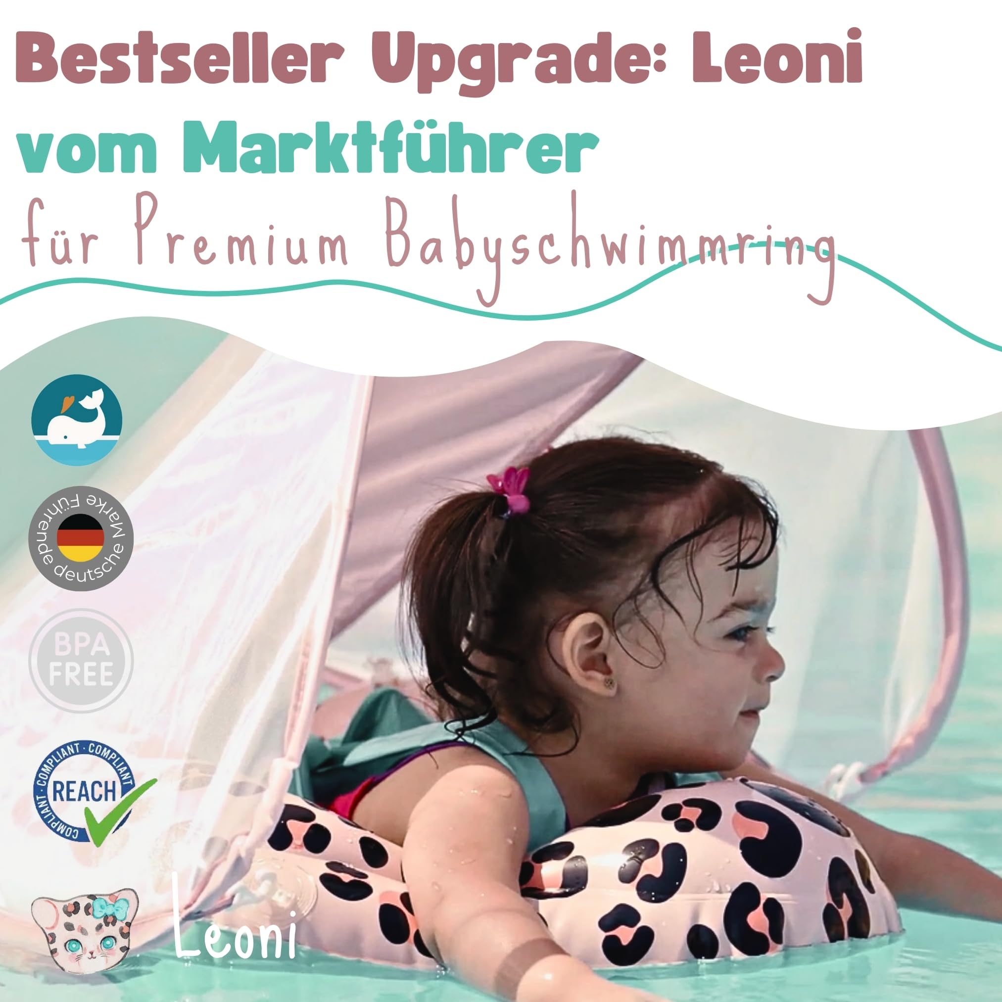 EDWEKIN® Baby Schwimmring 2026 mit Eltern-Zugleine – Mehr Sicherheit & Wasserspaß | TÜV geprüft | Premium Baby Float mit UPF50+ Sonnendach, Netzstoffgurt & Leo-Optik | 6–36M | Mitwachsend 2