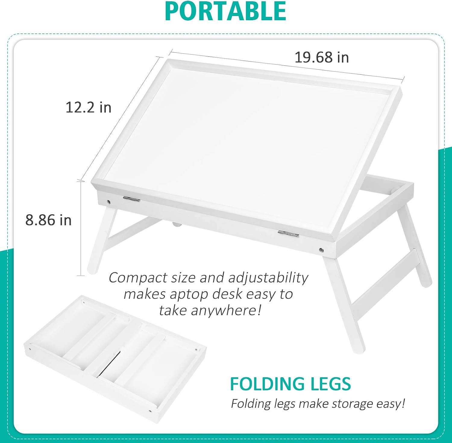 Bed Table Breakfast Tray with Folding Legs Kitchen Serving Plate for Bed Platters TV Table Desk Snack Tray (White) - Image 5