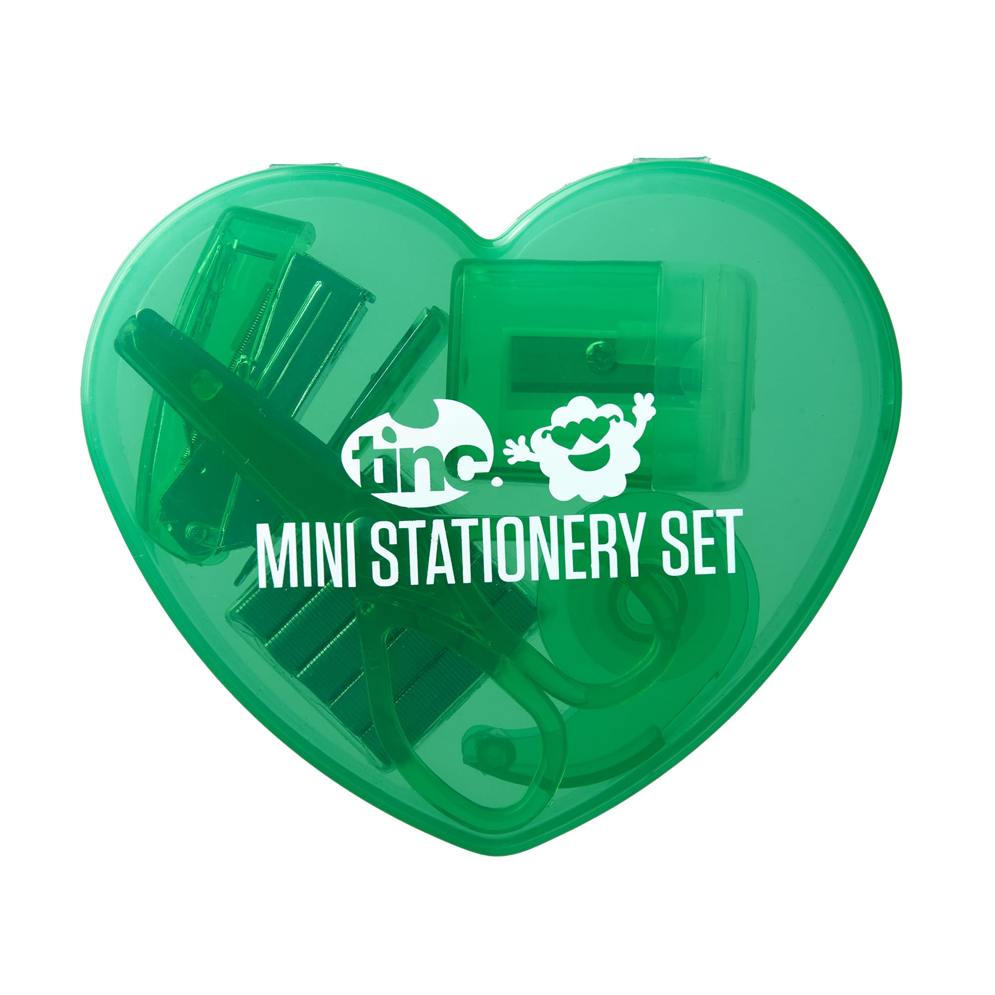 Tinc Mini Stationery Set, Heart Shaped Display Case, Green, One Size - Includes Scissors, Sharpener, sellotape Dispenser, Stapler and Staples (5 Items in Set) - Perfect for School or Work