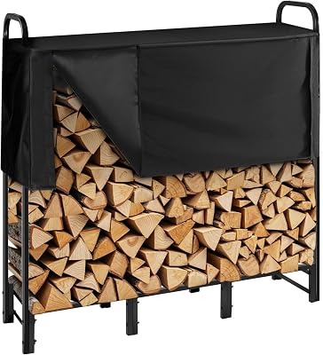 Support à bois de chauffage avec housse imperméable, range-bûches extérieur en métal, 1220 x 320 x 1180 mm, charge maximale 181,4 kg, couverture partielle, thermolaqué, pour terrasse, vérandas