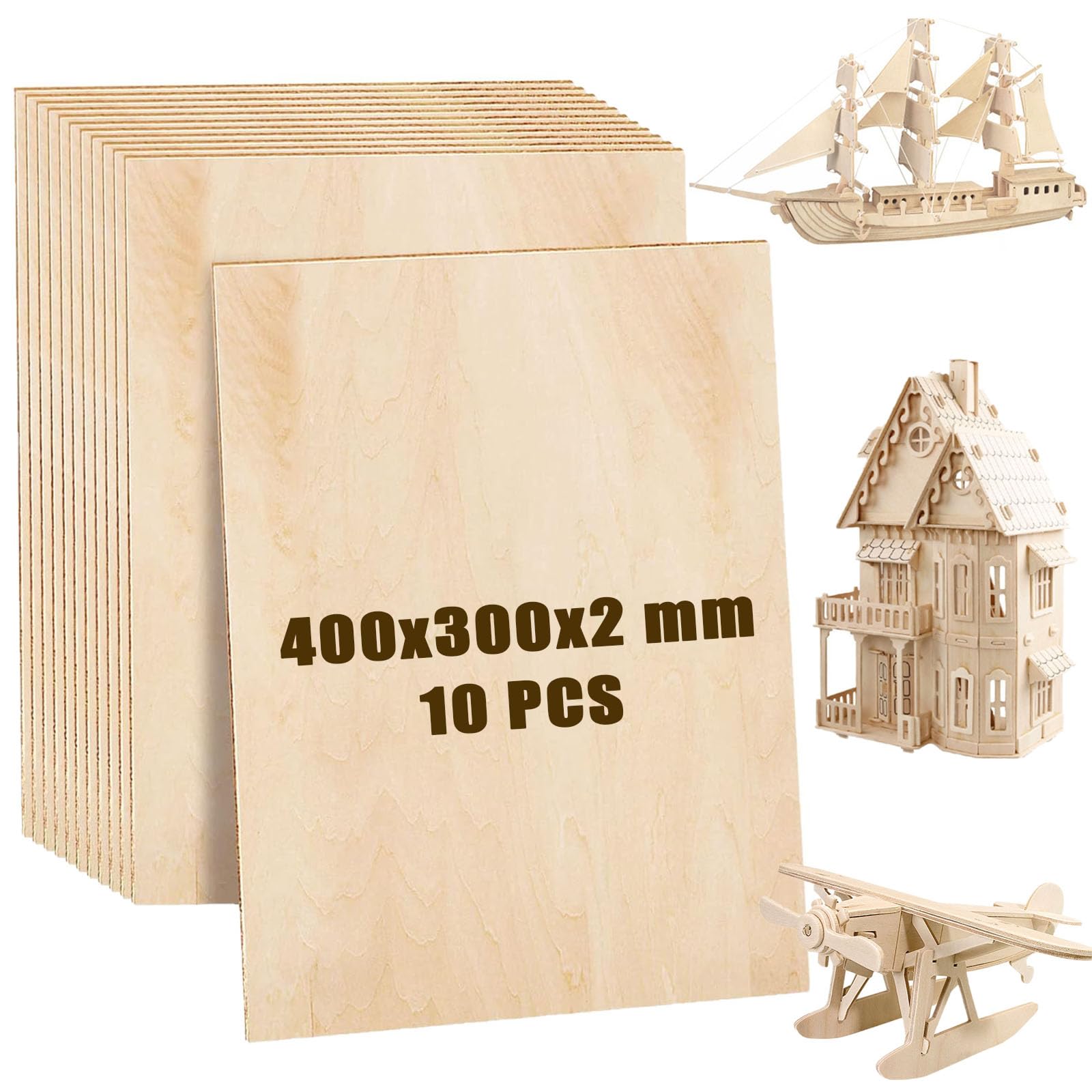 MUXHEL 10PCS 2mm Plywood Sheets 400x300x2mm Basswood Sheets Unfinished A3 Plywood Sheets for Crafts, Arts, Painting, DIY & Engraving