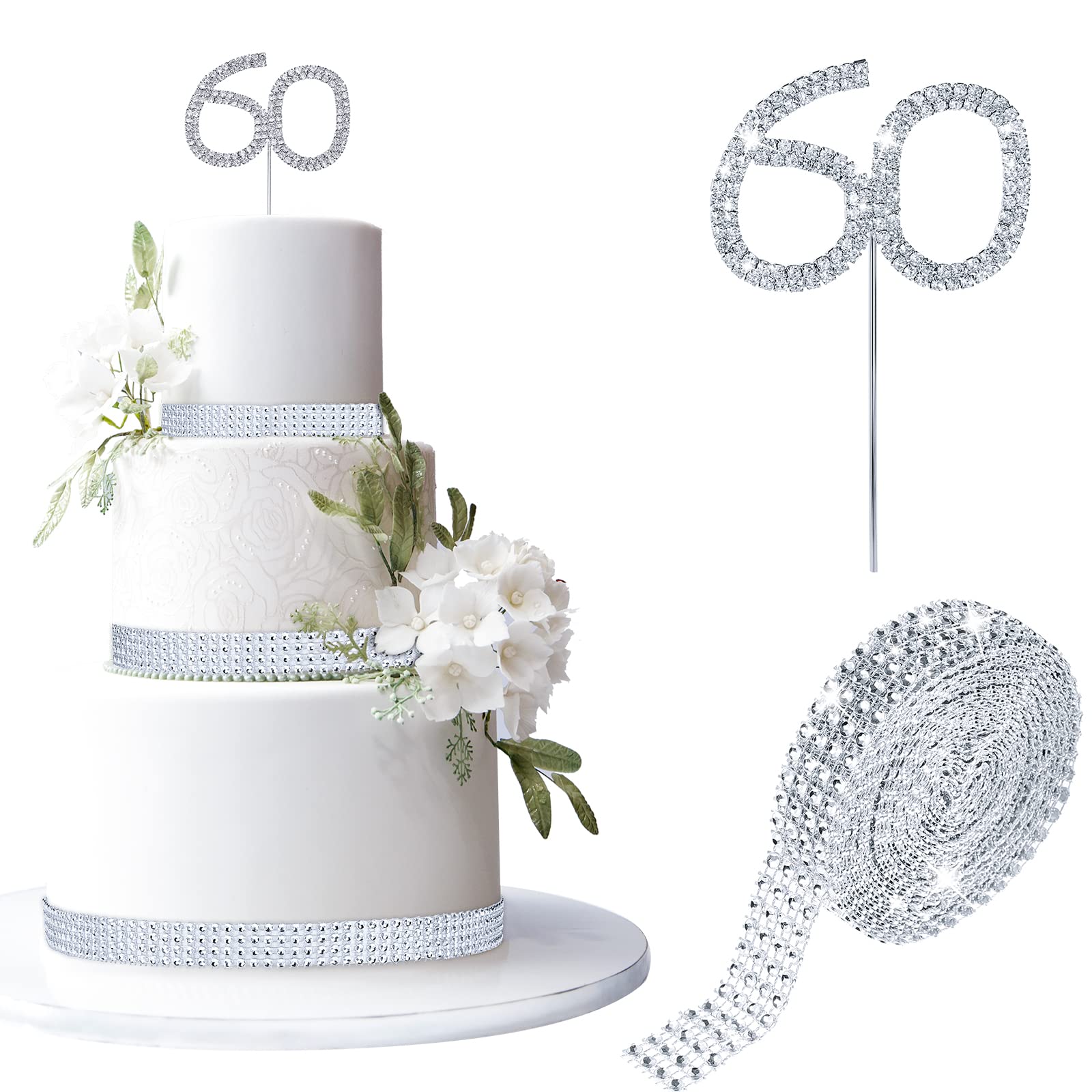 2 Pcs Wedding Anniversary Cake Topper 5 Yards Decorative Acrylic Rhinestone Diamond Ribbon for Cake Decoration for Birthday Party or Wedding Anniversary Party Supplies(60th Style)