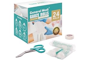 General Medi Conforming Bandage, 4” x 5 Yards Stretched, 24-Pack Gauze Bandage Rolls with Bonus Tape + Scissors, First Aid Supplies, Non-Sterile