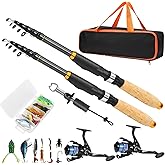 Fishing Rod and Reel Combo, 2PCS Telescopic Fishing Pole with Spinning Reel Lures Set,Fish Lip Gripper and Tackle Bag, Saltwater Freshwater Collapsible Fishing Kit for Beginner Adults