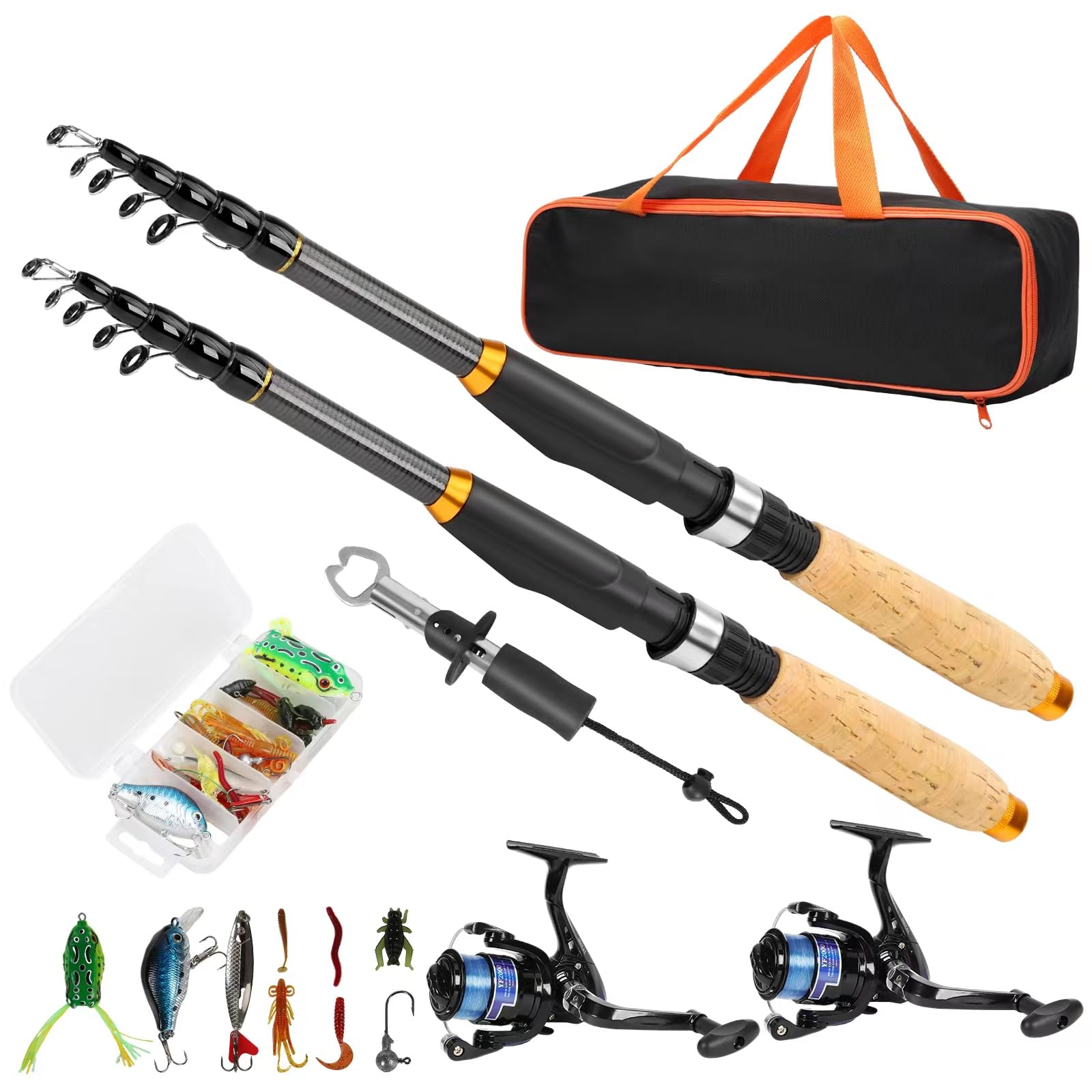 Fishing Rod and Reel Combo, 2PCS Telescopic Fishing Pole with Spinning Reel Lures Set,Fish Lip Gripper and Tackle Bag, Saltwater Freshwater Collapsible Fishing Kit for Beginner Adults