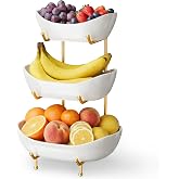 Josmimic Ceramic 3 Tier Fruit Bowl, Fruit Basket for Kitchen Counter, Gold | Space-saving countertop fruit holder for vegetables, snacks, bread, candy, nuts, cakes and desserts; dishwasher-safe ceramic