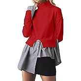 MISSACTIVER Women Slit Turtleneck Patchwork Sweater 2 in 1 Buttons Down Pullover Knit Sweater Asymmetrical Hem Shirt Top