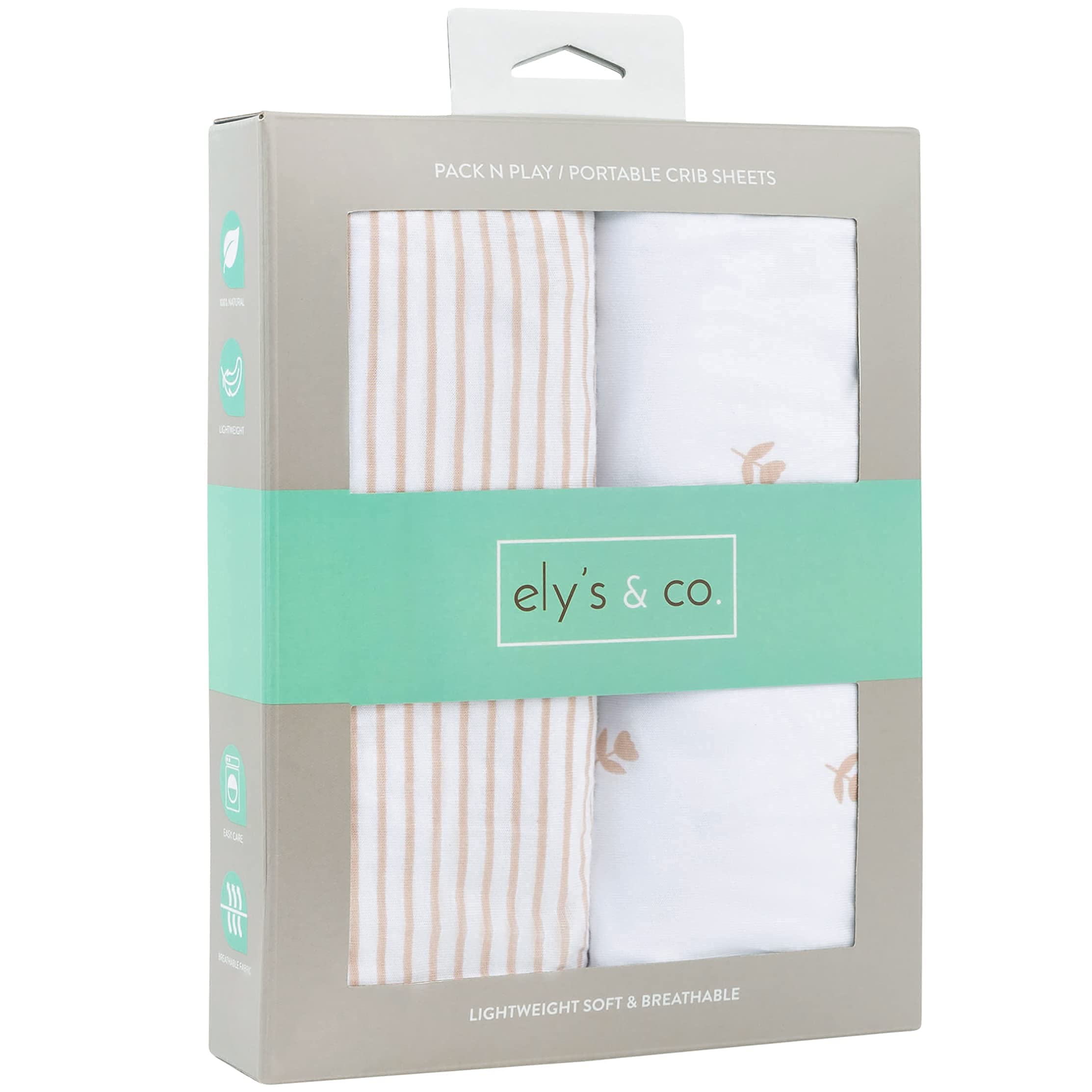 Ely’s & Co. Pack and Play Sheets, for Mini/Portable Crib, 2 Pack Fitted Playpen Play Yard Sheet Set Compatible with Graco Pack n Play, for Baby Girls, 100% Cotton, Pink Tulips and Stripes, 38”x24”x5”