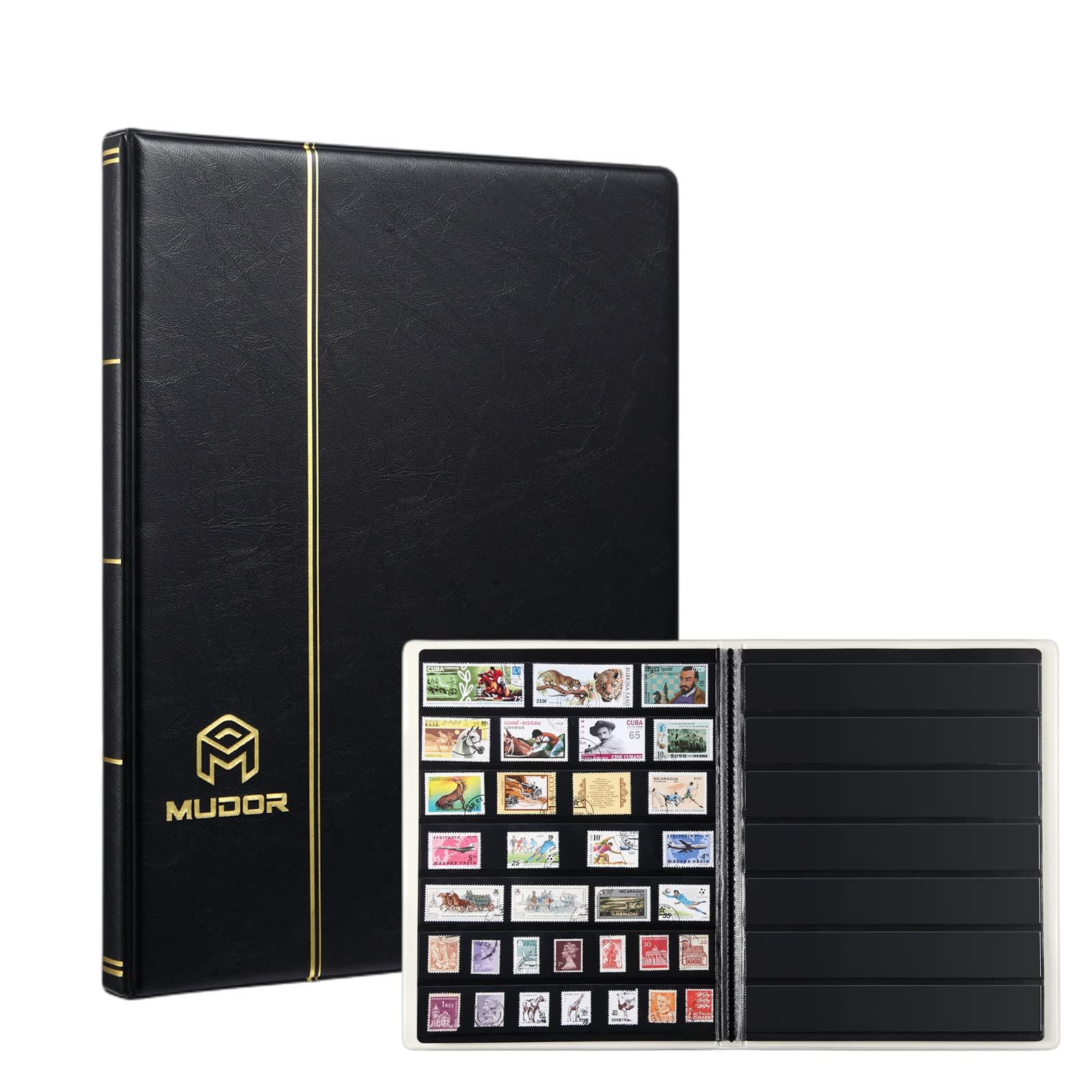 MUROAD Stamp Collecting Album, 7 Rows Pockets Stamp Book for Collectors, 10 Sheets Stockbook, Black