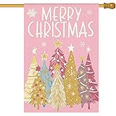 AVOIN colorlife Merry Christmas House Flag 28x40 Inch Double Sided Outside, Christmas Trees Winter Holiday Yard Outdoor Flag Pink