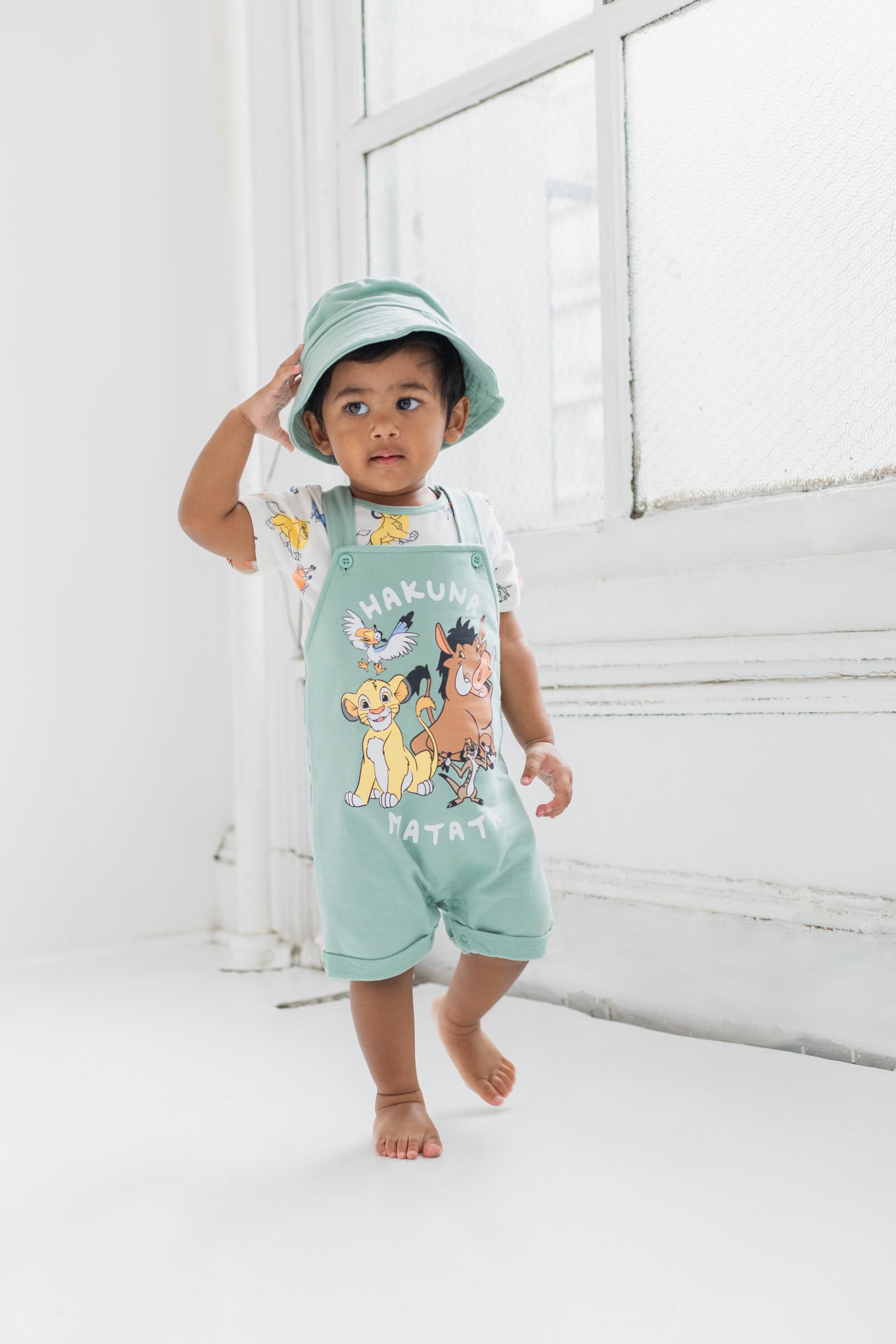 Disney Junior Baby French Terry Short Overalls, T-Shirt and Hat 3 Piece Outfit Set Newborn to Infant Sizes (OS - 24 Months)