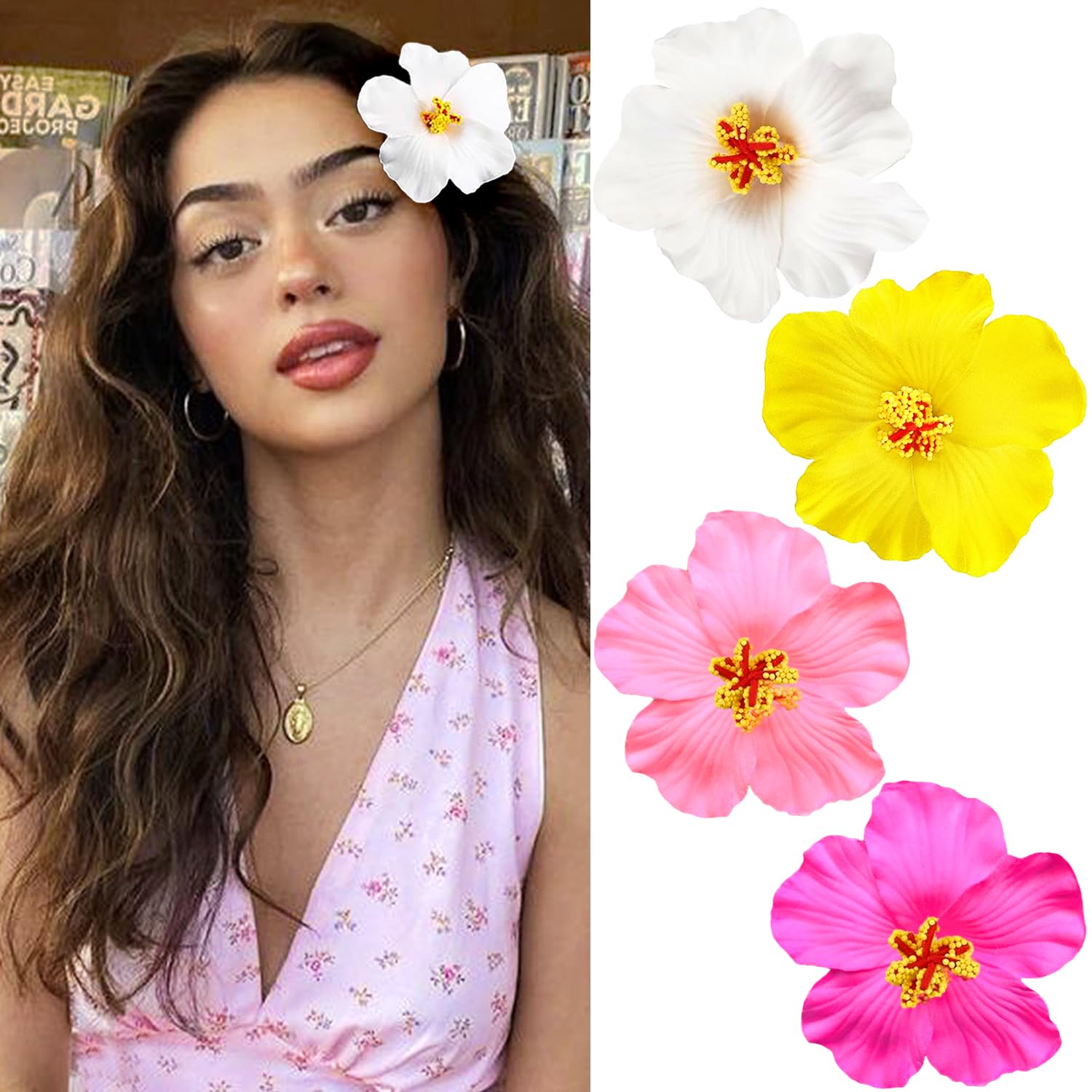 Photo 1 of 4Pcs Hawaiian Flower Hair Clips for Women,Plumeria Hibiscus Hair Clips Rose Hair Barrettes 3.5 Inch Artificial Flower Clips,Hair Accessories for Vacation Beach Party, Boho Clips for Girls Wedding